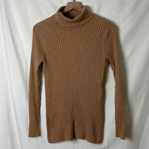 Chicos Ribbed Turtleneck Sweater Women Size M Camel Long Sleeve Knit Top Preppy